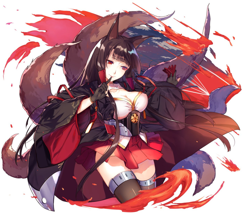 1girl abusoru akagi_(azur_lane) animal_ears azur_lane bangs black_gloves black_hair black_legwear breasts cleavage closed_mouth cropped_legs fire fox_ears fox_tail gloves highres japanese_clothes large_breasts long_hair miniskirt multiple_tails partly_fingerless_gloves red_eyes red_skirt shiny shiny_hair simple_background skirt smile solo tail thigh-highs white_background wide_sleeves
