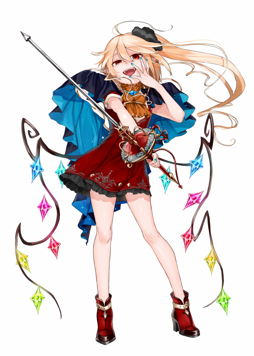 1girl adapted_costume ascot bare_arms bare_legs blonde_hair blue_nails boots cape contrapposto dress flandre_scarlet full_body gotoh510 hair_between_eyes hand_up head_tilt high_heels highres holding long_hair looking_at_viewer nail_polish open_mouth pointy_ears rapier red_dress red_eyes red_footwear short_dress simple_background smile solo standing sword teeth touhou weapon white_background wings