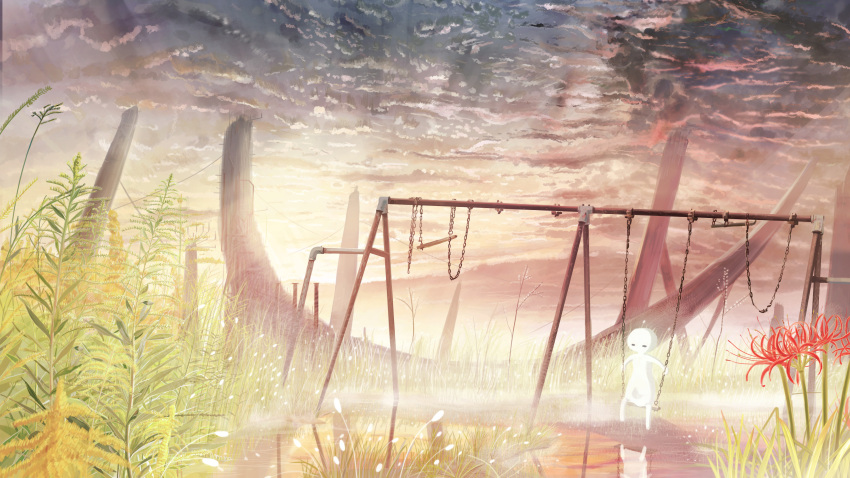 absurdres banishment chains clouds cloudy_sky commentary_request creature day fantasy flower grass highres no_humans original outdoors plant playground ruins scenery sky sunlight swing