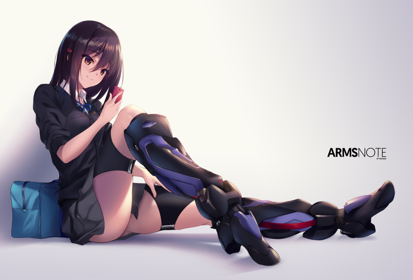 1girl armor arms_note ass bag black_hair black_skirt boots bow breasts brown_eyes buttons cardigan cellphone collared_shirt commentary_request duffel_bag eyebrows_visible_through_hair fukai_ryousuke full_body gradient gradient_background hair_ornament hairclip holding holding_phone knee_boots knee_to_chest long_sleeves looking_at_phone original phone prosthesis prosthetic_leg school_uniform shirt simple_background sitting skirt sleeves_pushed_up sleeves_rolled_up small_breasts smartphone smile solo sweater white_background
