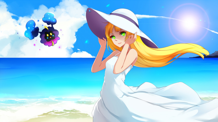 1girl :d bare_shoulders beach blonde_hair clouds cosmog day dress floating_hair from_side green_eyes hands_on_headwear hat highres lillie_(pokemon) long_hair looking_at_viewer open_mouth outdoors parted_lips pokemon pokemon_(creature) pokemon_(game) pokemon_sm shito_zhizhen sky sleeveless sleeveless_dress smile sparkle sun_hat sundress very_long_hair water white_dress white_hat