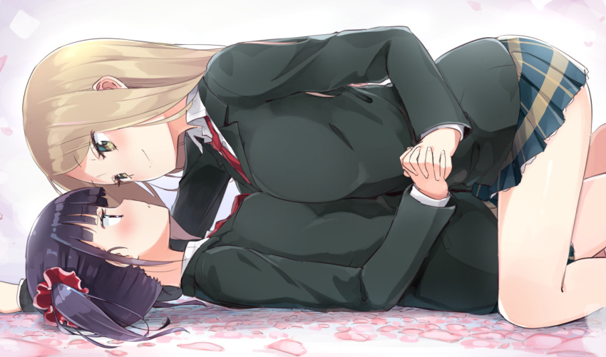 2girls bare_legs blonde_hair blush breast_press breasts brown_eyes closed_mouth commentary_request eye_contact eyebrows_visible_through_hair girl_on_top hair_ornament hair_scrunchie homura_subaru interlocked_fingers large_breasts long_hair looking_at_another lying minami_shizuku multiple_girls necktie noda_kotone on_back pleated_skirt purple_hair red_neckwear sakura_trick school_uniform scrunchie skirt smile twintails yuri
