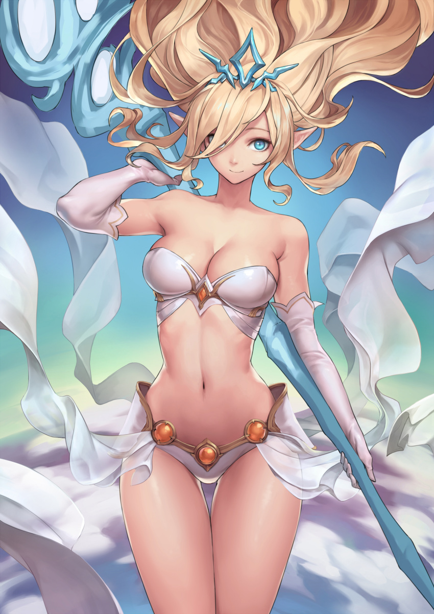 1girl absurdres arm_at_side arm_up bare_shoulders blonde_hair blue_eyes breasts cleavage closed_mouth cowboy_shot elbow_gloves gloves gradient gradient_background hair_over_one_eye highres janna_windforce league_of_legends long_hair looking_at_viewer medium_breasts midriff navel oopartz_yang patreon_reward pointy_ears polearm revealing_clothes simple_background smile solo staff thigh_gap tiara weapon white_gloves