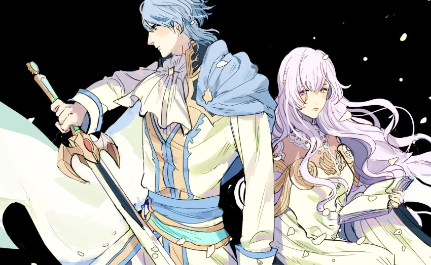 1boy 1girl black_background blue_hair book cape cloak diadora_(fire_emblem) european_clothes fire_emblem fire_emblem:_seisen_no_keifu highres holding holding_book holding_sword holding_weapon long_hair looking_at_viewer sigurd_(fire_emblem) simple_background sword wavy_hair weapon white_hair