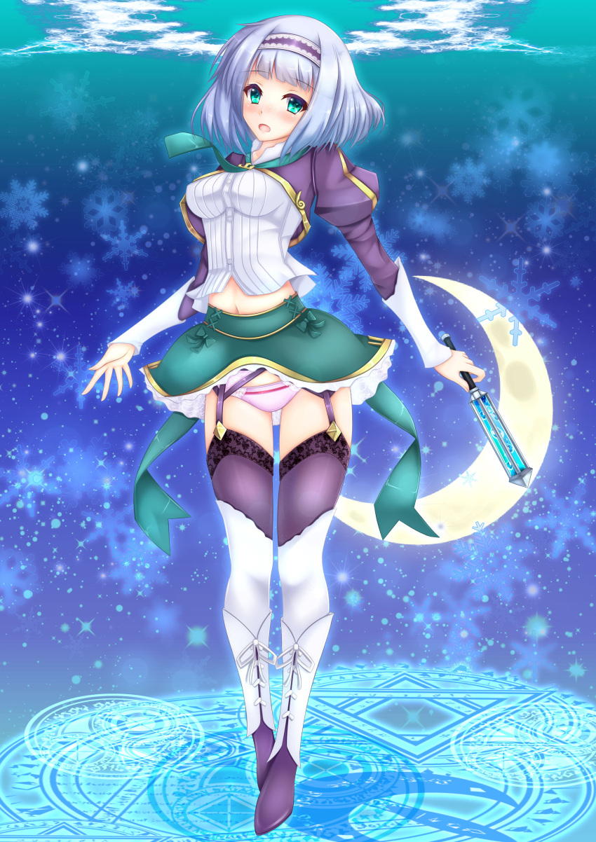 1girl absurdres blush bow breasts eyebrows_visible_through_hair garter_belt green_eyes green_skirt hairband highres isekai_wa_smartphone_to_tomo_ni. jacket juliet_sleeves linse_shileska long_sleeves looking_at_viewer magic_circle medium_breasts miniskirt open_mouth panties pantyshot pink_panties puffy_sleeves purple_jacket purple_legwear short_hair siki2046 silver_hair skirt snowflakes solo thigh-highs underwear wand