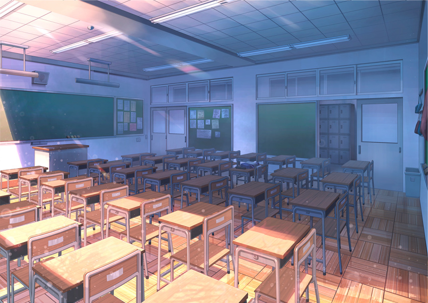 aruken chair chalkboard classroom commentary_request desk door indoors light_particles neon_lights no_humans scenery school school_desk sunlight trash_can