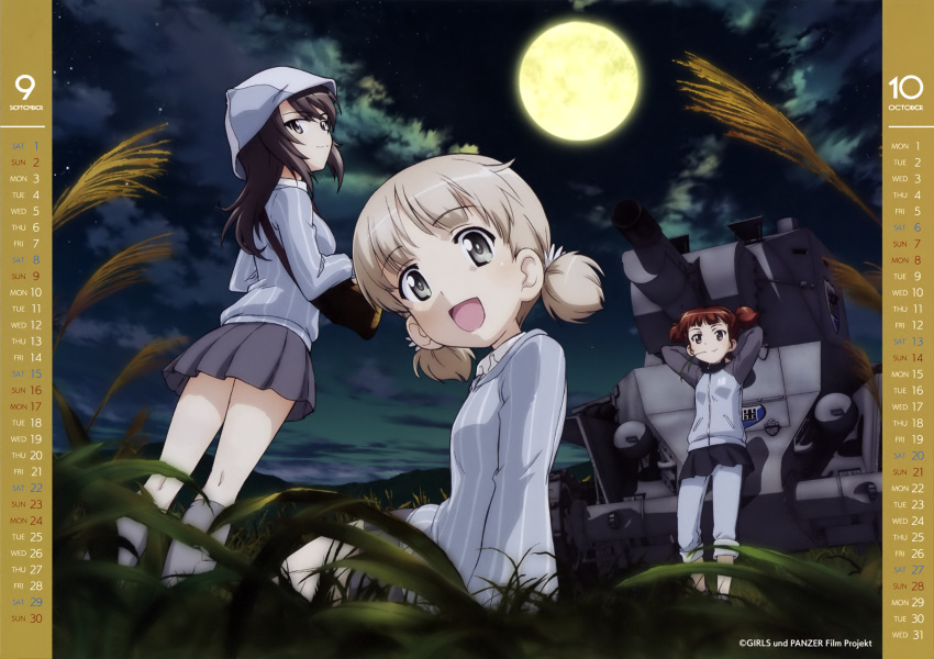 3girls :d absurdres aki_(girls_und_panzer) arms_behind_head black_skirt brown_eyes brown_hair calendar copyright_name from_below full_moon girls_und_panzer grey_eyes grey_hat grey_pants grey_skirt grey_sweater highres long_hair looking_at_viewer looking_back mika_(girls_und_panzer) mikko_(girls_und_panzer) miniskirt moon mouth_hold multiple_girls night open_mouth outdoors pants pants_under_skirt pleated_skirt short_hair short_twintails silver_hair sitting skirt sky smile standing striped twintails vertical_stripes zipper