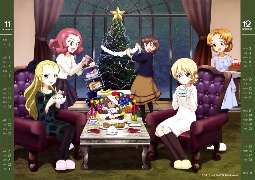 5girls :d absurdres assam black_bow black_legwear black_ribbon black_skirt blonde_hair blue_dress blue_eyes bow braid brown_eyes brown_hair brown_skirt cake calendar christmas_tree copyright_name darjeeling dress eyebrows_visible_through_hair food full_body girls_und_panzer green_dress hair_between_eyes hair_bow hair_ribbon highres holding indoors kneehighs looking_at_viewer merry_christmas multiple_girls night open_mouth orange_pekoe redhead ribbon rosehip rukuriri shirt short_dress short_hair side_braid single_braid sitting skirt smile snowing standing stuffed_animal stuffed_toy teddy_bear white_dress white_shirt window