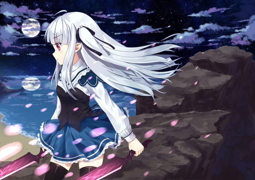 1girl absolute_duo absurdres ahoge artist_request bangs beach black_legwear black_ribbon blue_skirt blunt_bangs clouds cowboy_shot dual_wielding eyebrows_visible_through_hair footprints frilled_skirt frills from_side full_moon hair_ribbon highres holding holding_weapon horizon long_hair long_sleeves looking_away moon night night_sky ocean outdoors petals pink_eyes reflection ribbon rock school_uniform shore silver_hair skirt sky solo star_(sky) starry_sky thigh-highs two_side_up weapon wind yurie_sigtuna zettai_ryouiki