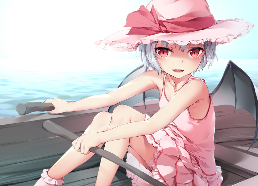 1girl bare_arms bat_wings blue_hair boat bow chen_bin chinese commentary_request dress fang hat hat_bow holding looking_at_viewer pink_dress pink_hat pink_legwear red_bow red_eyes remilia_scarlet rowboat rowing short_hair sitting sleeveless sleeveless_dress smile socks solo touhou water watercraft wings