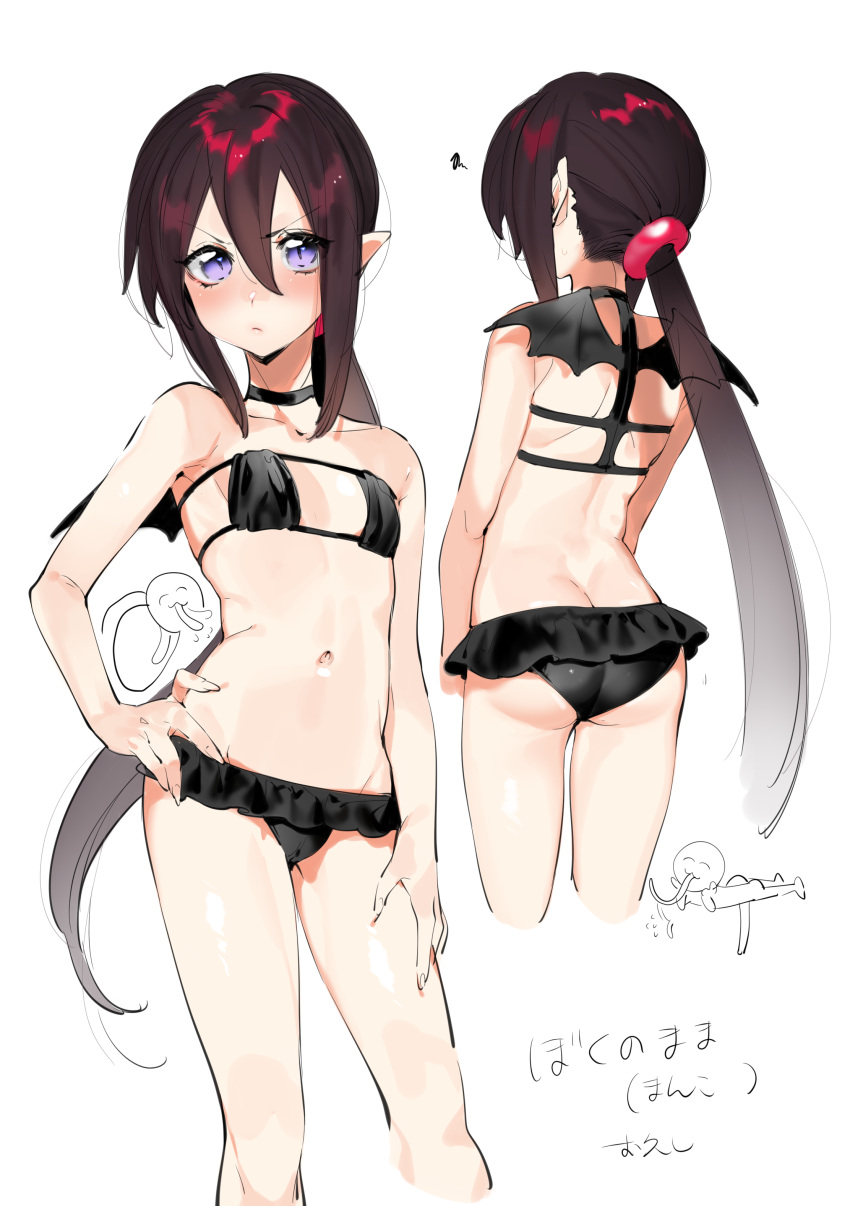 &gt;:( 1girl absurdres ass bare_arms bare_shoulders bat_wings bikini black_bikini black_swimsuit blush breasts butt_crack chibi_inset closed_mouth contrapposto cropped_legs eyebrows_visible_through_hair facing_away fingernails frilled_bikini frills frown hair_between_eyes hand_on_hip highres lady_bat licking long_hair looking_at_viewer mermaid_melody_pichi_pichi_pitch multiple_views navel ohisashiburi pointy_ears ponytail simple_background slit_pupils small_breasts squiggle standing swimsuit very_long_hair violet_eyes white_background wings