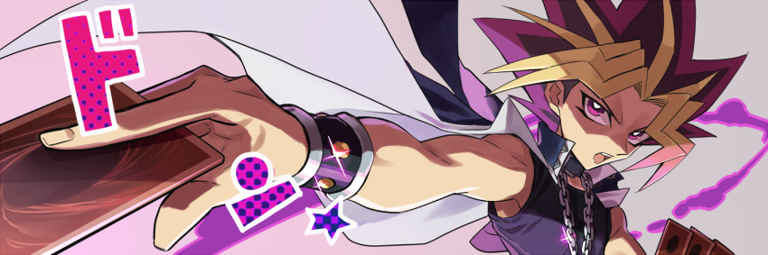 1boy :o between_fingers blonde_hair card grey_background jacket_on_shoulders jewelry looking_at_viewer male_focus multicolored_hair necklace open_mouth purple_background purple_hair shirt solo spiky_hair torinomaruyaki two-tone_hair upper_body violet_eyes wrist_cuffs yami_yuugi yu-gi-oh! yuu-gi-ou_duel_monsters