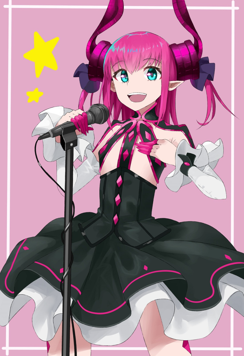 1girl :d black_bow blue_eyes bow corset detached_sleeves fate/extra fate/extra_ccc fate/grand_order fate_(series) highres horns lancer_(fate/extra_ccc) lonwi21 looking_at_viewer microphone microphone_stand open_mouth pointy_ears smile solo standing star