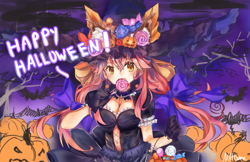 1girl animal_ears bat breasts candy cleavage ears_through_headwear fang fate/extra fate/grand_order fate_(series) food fox_ears gloves halloween halloween_costume happy_halloween hat highres jack-o'-lantern large_breasts lollipop nattsume_(pantsuhead) open_mouth pink_hair pumpkin solo tamamo_(fate)_(all) tamamo_no_mae_(fate) witch witch_hat yellow_eyes