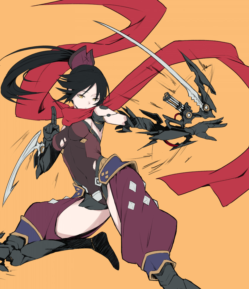 1girl absurdres black_hair black_leotard blade breasts closed_mouth covered_navel expressionless fate/grand_order fate_(series) flat_color floating_hair highres holding holding_sword holding_weapon katou_danzou_(fate/grand_order) legs_apart leotard long_hair mechanical_arm medium_breasts ninja orange_background ponytail red_scarf scarf sideboob sidelocks simple_background solo sword thighs tsurime utu_(ldnsft) weapon yellow_eyes