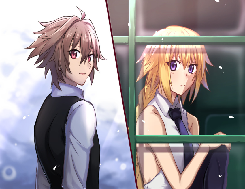 1boy 1girl ahoge blonde_hair blue_eyes blush braid brown_hair collared commentary_request couple eyebrows_visible_through_hair fate/apocrypha fate/grand_order fate_(series) hair_between_eyes highres long_hair nyorotono open_mouth red_eyes ruler_(fate/apocrypha) shirt sieg_(fate/apocrypha) single_braid sweater turtleneck violet_eyes white_shirt