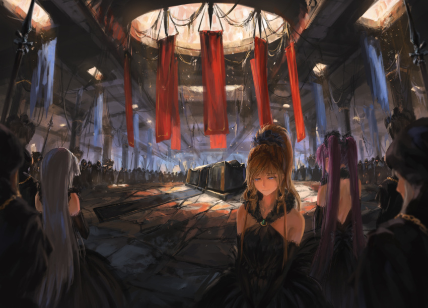 3girls banner bare_shoulders blonde_hair blue_eyes character_request crowd elbow_gloves from_behind fur_collar gloves highres indoors long_hair multiple_girls pillar ponytail purple_hair sad shoulder_blades silver_hair song_ren twintails