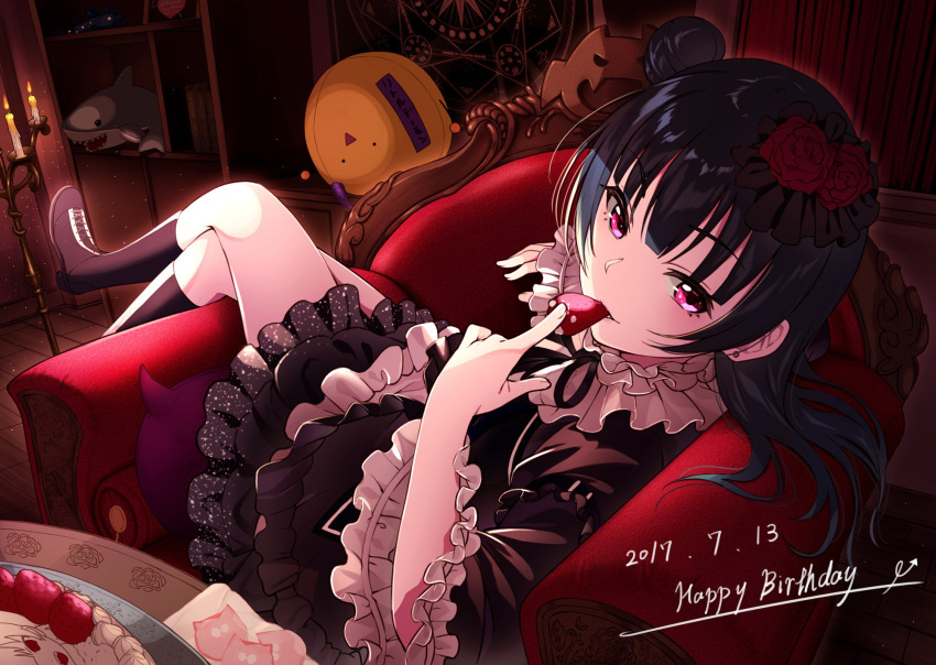 1girl 2017 armchair bangs black_legwear blue_hair candle chains chair dated dress easy_chair flower food food_in_mouth frilled_dress frilled_sleeves frills fruit hair_flower hair_ornament happy_birthday highres indoors keita_(kta0) kneehighs layered_dress legs_crossed looking_at_viewer love_live! love_live!_sunshine!! red_eyes sitting sitting_sideways solo strawberry tsushima_yoshiko wide_sleeves