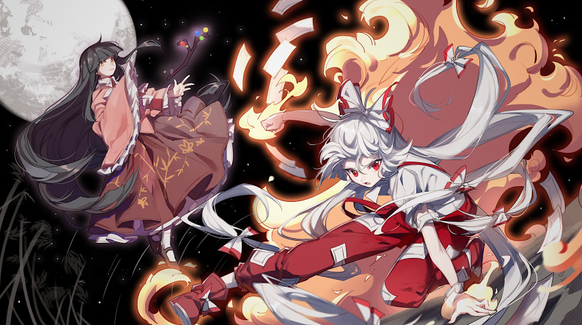 2girls absurdres aibivy bamboo black_footwear black_hair blouse bow branch burning_hand clenched_hand fire frilled_sleeves frills fujiwara_no_mokou full_moon hair_bow highres hime_cut houraisan_kaguya jeweled_branch_of_hourai long_hair looking_at_viewer mary_janes moon multi-tied_hair multiple_girls night ofuda open_mouth pants pink_blouse red_eyes red_footwear red_pants red_skirt shirt shoe_bow shoes skirt sky sleeves_past_wrists star_(sky) starry_sky suspenders torn_clothes torn_sleeves touhou tsurime very_long_hair white_hair white_legwear white_shirt yellow_eyes