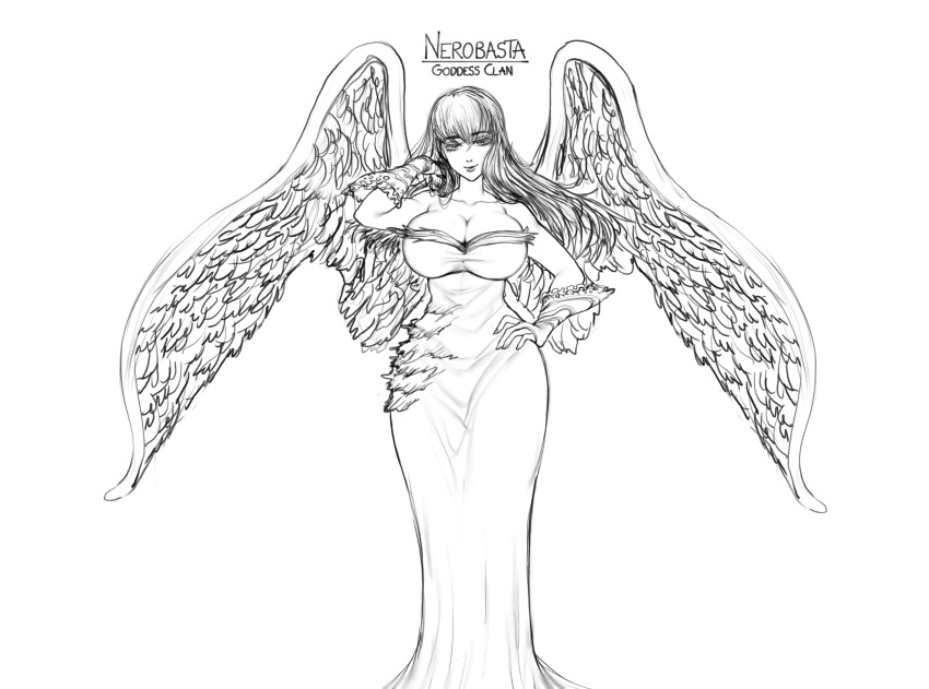 1girl angel_wings bangs bare_shoulders breasts character_name cleavage closed_mouth commentary detached_sleeves dress eyebrows_visible_through_hair greyscale hand_on_hip highres hips large_breasts long_dress long_hair looking_at_viewer monochrome nanatsu_no_taizai nerobasta simple_background smile solo standing the_golden_smurf white_background wings