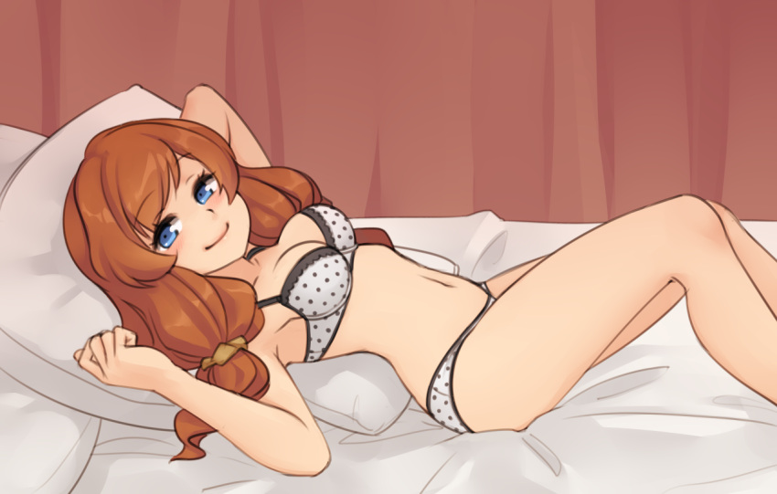 1girl bangs bare_arms bare_legs bare_shoulders bed_sheet blue_eyes blush bra breasts brown_hair closed_mouth curtains eyebrows_visible_through_hair feet_out_of_frame fencer_(sekaiju) from_side grey_bra grey_panties long_hair looking_at_viewer lying medium_breasts monorus navel on_back on_bed panties pillow polka_dot polka_dot_bra polka_dot_panties sekaiju_no_meikyuu sekaiju_no_meikyuu_5 smile solo underwear