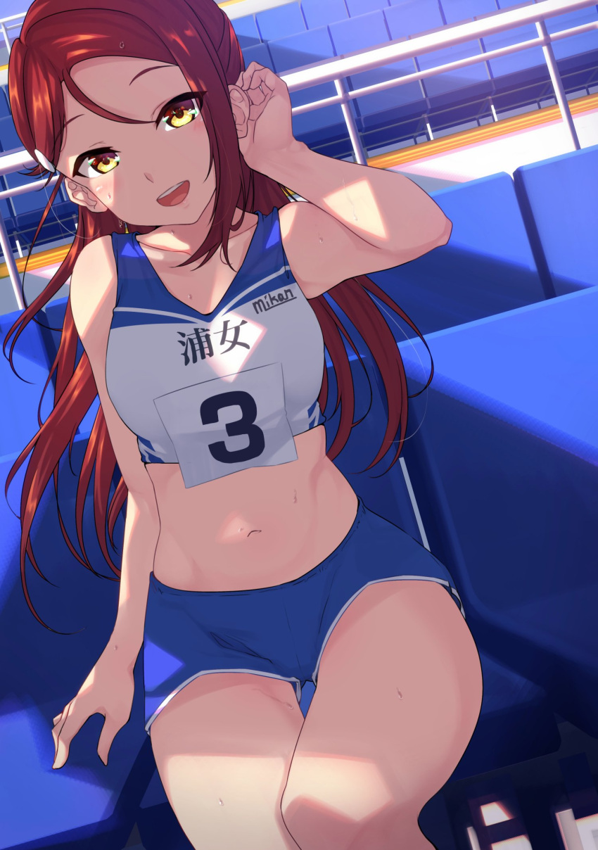 1girl bangs bare_shoulders bleachers blush breasts clothes_writing collarbone commentary_request crop_top day eyebrows_visible_through_hair gym_shorts hair_between_eyes hair_ornament hairclip highres long_hair looking_at_viewer love_live! love_live!_sunshine!! medium_breasts midriff navel open_mouth outdoors parted_bangs redhead sakurauchi_riko shorts sitting smile solo sweat track_and_field track_uniform yamaori_(yamaorimon) yellow_eyes
