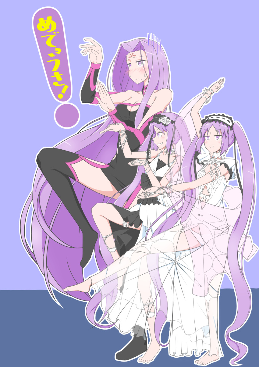 3girls :&gt; arm_up bare_shoulders barefoot black_ribbon blue_background blush boots bracelet breasts choker cleavage commentary_request dress embarrassed euryale facial_mark fate/grand_order fate_(series) forehead_mark frills frown grin hairband highres jewelry lolita_hairband long_hair multiple_girls one_leg_raised panties parody purple_hair ribbon rider ring see-through siblings sisters sleeveless sleeveless_dress smile stheno sweat thigh-highs thigh_boots tirunolove10432 translated underwear very_long_hair violet_eyes wavy_mouth white_flower white_ribbon yotsubato! yotsubato!_pose