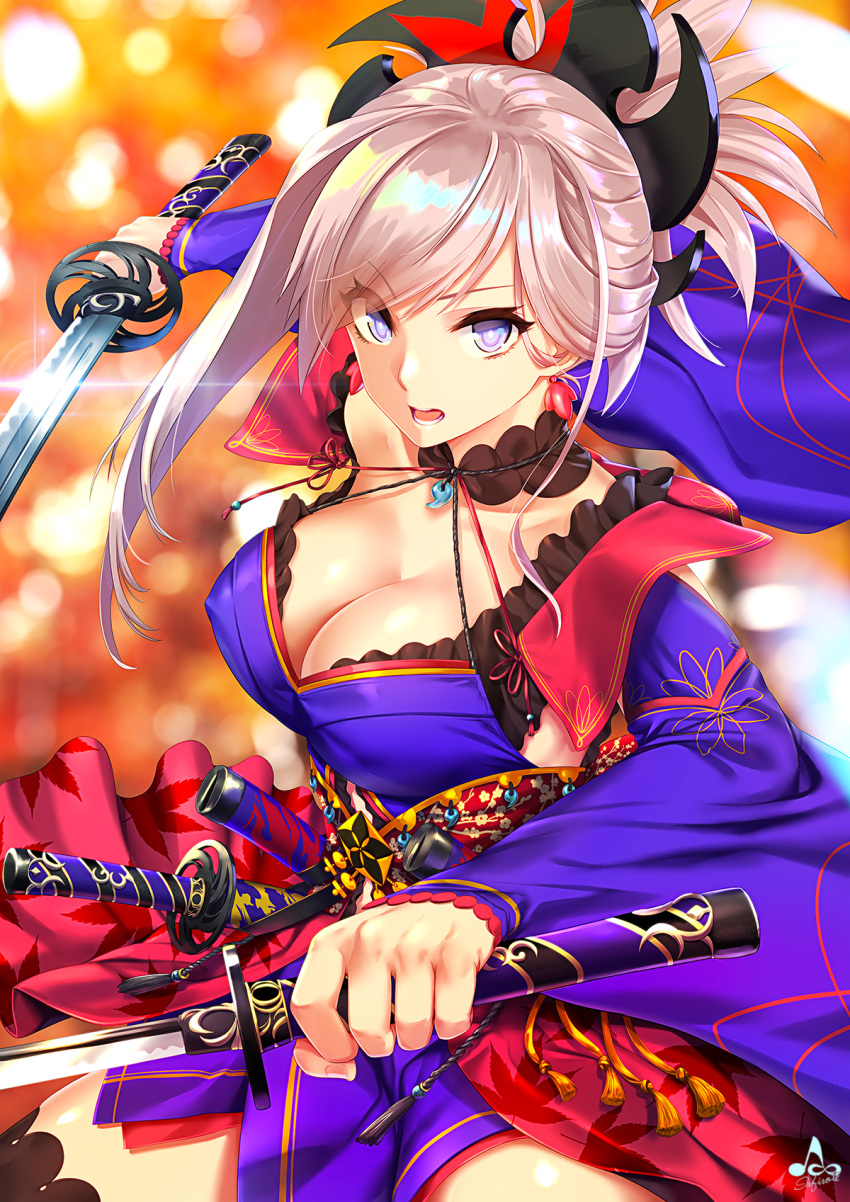 1girl blue_eyes breasts collarbone dual_wielding earrings erect_nipples fate/grand_order fate_(series) fighting_stance floral_print hair_ornament highres infinote japanese_clothes jewelry katana kimono large_breasts leaf_print long_sleeves looking_at_viewer magatama maple_leaf_print miyamoto_musashi_(fate/grand_order) open_mouth ponytail sheath sheathed silver_hair solo sword thigh-highs unsheathed weapon