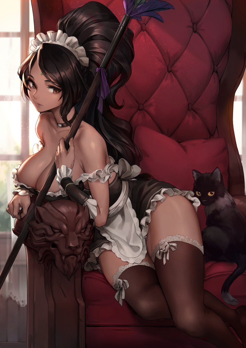 1girl absurdres alternate_costume apron bangs bare_shoulders black_cat black_hair breast_rest breasts brown_eyes brown_legwear cat choker cleavage closed_mouth dark_skin french_maid_nidalee frill_trim frills high_ponytail highres indoors large_breasts league_of_legends lips long_hair maid_headdress miniskirt nidalee oopartz_yang parted_bangs patreon_reward skirt solo thigh-highs waist_apron wrist_cuffs