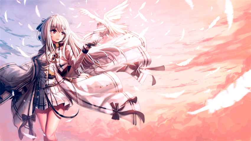 1girl arm_up bangs bird buttons clouds coat coat_lift collar collared_jacket cowboy_shot eyebrows_visible_through_hair feathers girls_frontline gloves hair_between_eyes hair_ornament hair_ribbon hairclip highres iws-2000_(girls_frontline) light_smile long_hair medal military military_uniform open_clothes open_coat red_eyes ribbon ribbon-trimmed_clothes ribbon_trim silver_hair skirt sky sleeve_cuffs solo strap striped tassel thighs uniform vvy white_coat white_skirt wind wind_lift