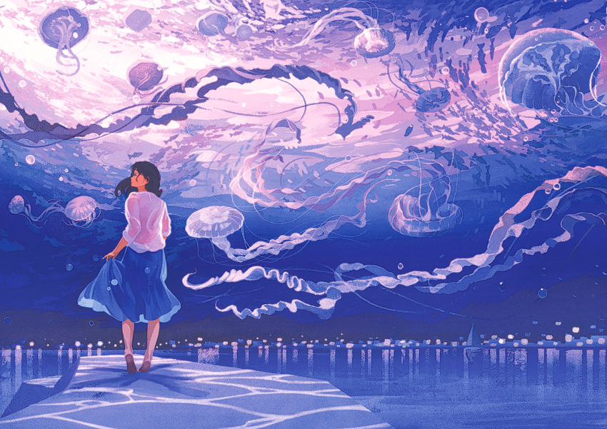 1girl air_bubble black_hair blue_skirt brown_footwear bubble gemi jellyfish looking_to_the_side ocean original purple shirt skirt skirt_hold solo standing white_shirt