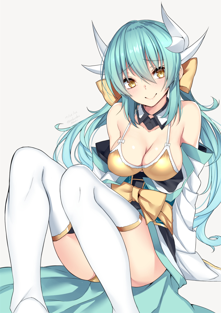 1girl :&gt; bangs bare_shoulders bikini blush bow breasts closed_mouth collarbone detached_collar eyebrows_visible_through_hair fate/grand_order fate_(series) green_hair grey_background hair_between_eyes hair_bow highres horns japanese_clothes kimono kiyohime_(fate/grand_order) knees_up long_hair looking_at_viewer medium_breasts nebusoku obi sash sidelocks simple_background smile solo swimsuit thigh-highs thighs tsurime twintails white_kimono white_legwear yellow_bikini yellow_bow yellow_eyes yellow_swimsuit