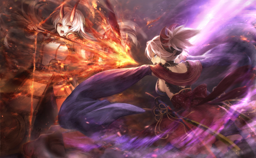 2girls armor arrow blue_eyes bow_(weapon) breasts detached_sleeves fate/grand_order fate_(series) fire hair_between_eyes highres japanese_armor japanese_clothes katana large_breasts long_hair mashu_003 miyamoto_musashi_(fate/grand_order) multiple_girls oni_horns ponytail red_eyes sword tomoe_gozen_(fate/grand_order) weapon