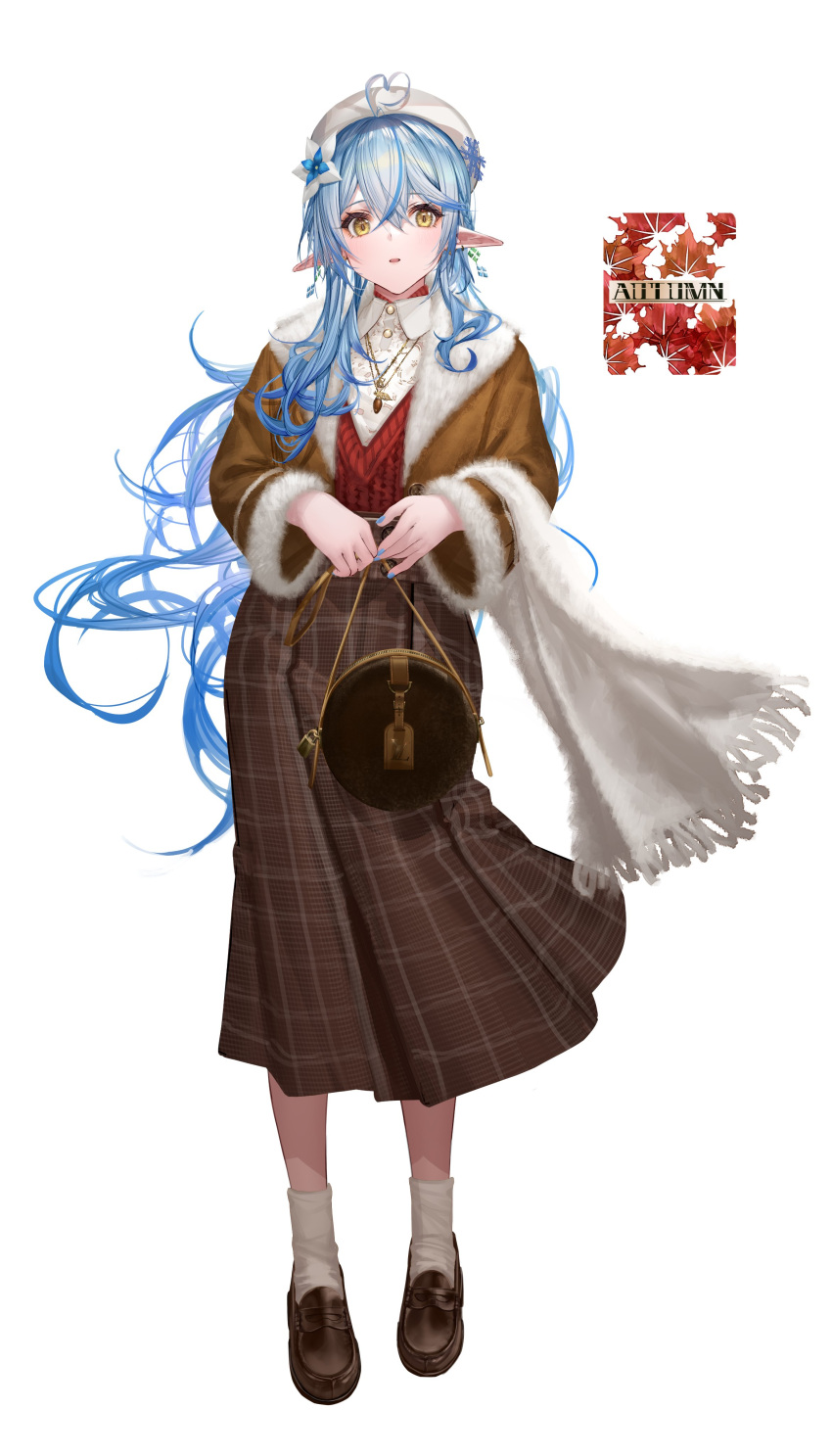 1girl absurdres ahoge alternate_costume bag bangs beret blue_hair blue_nails braid brown_coat brown_footwear brown_skirt coat colored_tips fingernails flower french_braid from_behind fur-trimmed_coat fur_trim hair_between_eyes hair_flower hair_ornament half_updo handbag hat heart heart_ahoge high-waist_skirt highres hololive jewelry loafers long_hair long_skirt looking_at_viewer multicolored_hair nail_polish parted_lips pleated_skirt pointy_ears red_sweater scarf scarf_removed shirt shoes simple_background skirt snowflake_hair_ornament socks solo streaked_hair sweater takubon very_long_hair virtual_youtuber white_background white_headwear white_shirt white_socks yellow_eyes yukihana_lamy