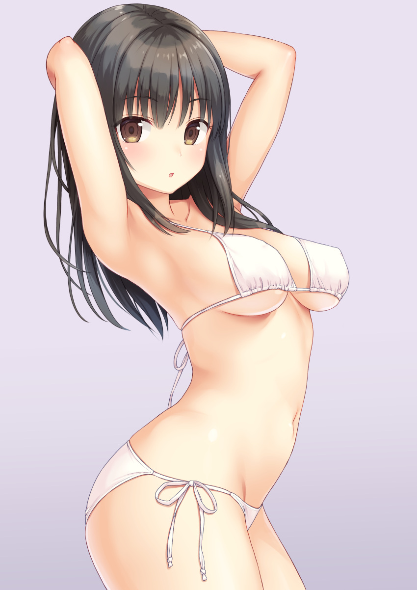1girl :o absurdres armpits arms_behind_head arms_up ass bangs bikini black_hair blush breasts brown_eyes collarbone contrapposto cowboy_shot enty_reward eyebrows_visible_through_hair gradient gradient_background highres light_smile long_hair looking_at_viewer medium_breasts n.g. navel original parted_lips purple_background shiny shiny_skin side-tie_bikini simple_background skindentation solo swimsuit thighs white_bikini