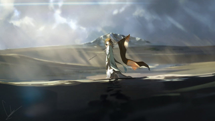 1girl brown_hair commentary_request flag footprints highres landscape looking_at_viewer looking_back loundraw medium_hair mountain original robe scarf solo sunlight walking