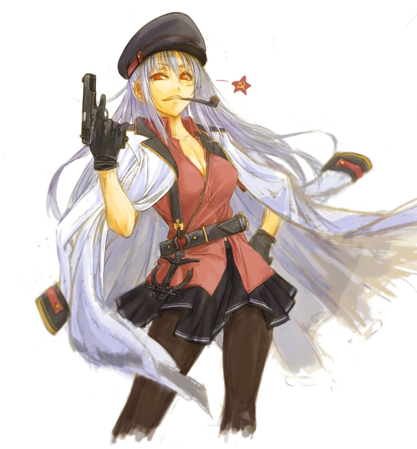 anchor belt black_gloves black_skirt breasts cervus cleavage collared_shirt commentary communism cowboy_shot cropped_legs dress_shirt gangut_(kantai_collection) gloves grey_hair grin gun hair_between_eyes hammer_and_sickle hand_on_hip hand_up handgun hat highres holding holding_gun holding_weapon jacket jacket_on_shoulders kantai_collection large_breasts long_hair looking_at_viewer military military_uniform mouth_hold open_clothes open_shirt pantyhose parted_lips peaked_cap pipe pipe_in_mouth pistol pleated_skirt red_eyes red_shirt ringed_eyes shirt simple_background skirt smile soviet standing star traditional_media trigger_discipline uniform weapon white_background white_jacket