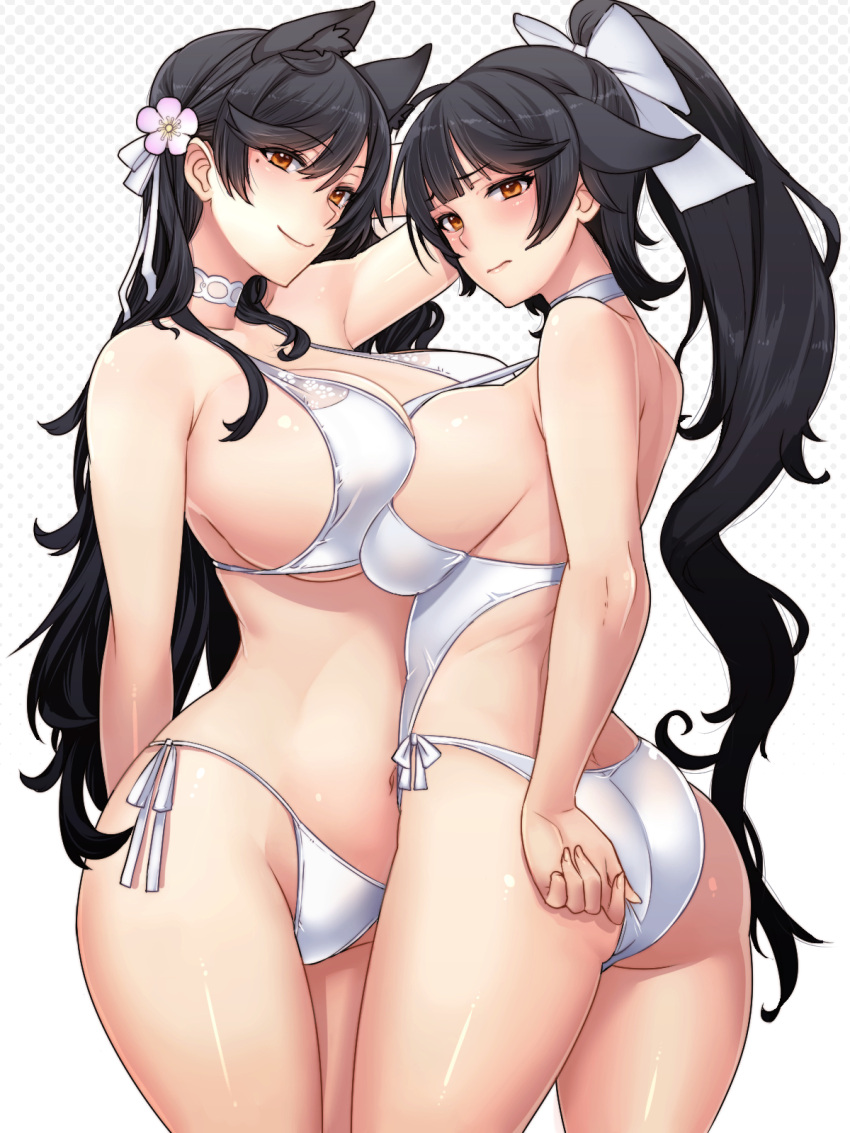 2girls adjusting_clothes adjusting_swimsuit angelo_(gomahangetsu) animal_ears arm_up ass asymmetrical_docking atago_(azur_lane) azur_lane bangs bikini black_hair blunt_bangs bow breast_press breasts brown_eyes choker closed_mouth contrapposto cowboy_shot eyebrows_visible_through_hair flower from_side hair_between_eyes hair_bow hair_flower hair_ornament highres huge_breasts long_hair looking_at_viewer mole mole_under_eye multiple_girls one-piece_swimsuit ponytail side-tie_bikini sideboob simple_background smile strap_gap swimsuit symmetrical_docking takao_(azur_lane) very_long_hair white_bikini white_swimsuit