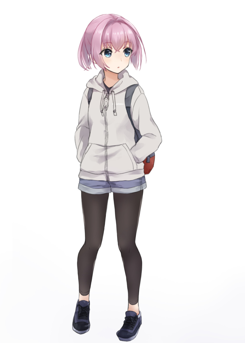 1girl backpack bag bangs black_footwear black_legwear blue_eyes casual cat_zipper eyebrows_visible_through_hair full_body grey_jacket hands_in_pockets highres hood hood_down hooded_jacket jacket kantai_collection leggings long_sleeves looking_away looking_to_the_side nuno_(pppompon) parted_lips pink_hair ponytail shiranui_(kantai_collection) shoes short_shorts shorts simple_background sneakers solo standing white_background