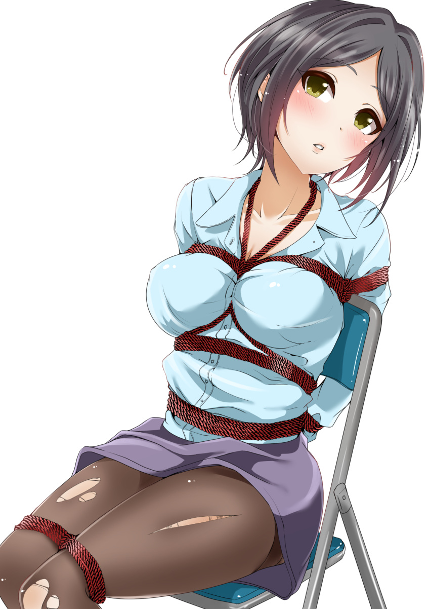 1girl :o arms_behind_back bangs black_hair blue_shirt blush bound bound_arms bound_legs breasts brown_legwear chair cleavage collarbone collared_shirt eyebrows_visible_through_hair folding_chair hayami_kanade head_tilt highres idolmaster idolmaster_cinderella_girls long_sleeves looking_at_viewer medium_breasts murabito_c pantyhose parted_bangs parted_lips purple_skirt shibari shibari_over_clothes shirt short_hair simple_background sitting skirt solo tied_up torn_clothes torn_pantyhose white_background wing_collar yellow_eyes