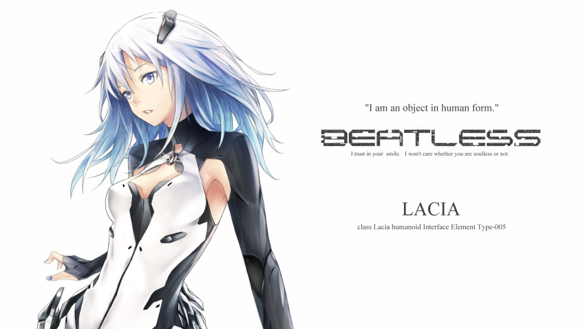 1girl bangs beatless blue_eyes blue_hair bodysuit breasts character_name commentary_request copyright_name english fingerless_gloves gloves grey_nails headgear highres leicia long_hair looking_away medium_breasts nail_polish parted_lips simple_background solo standing sugi_214 upper_body white_background white_bodysuit