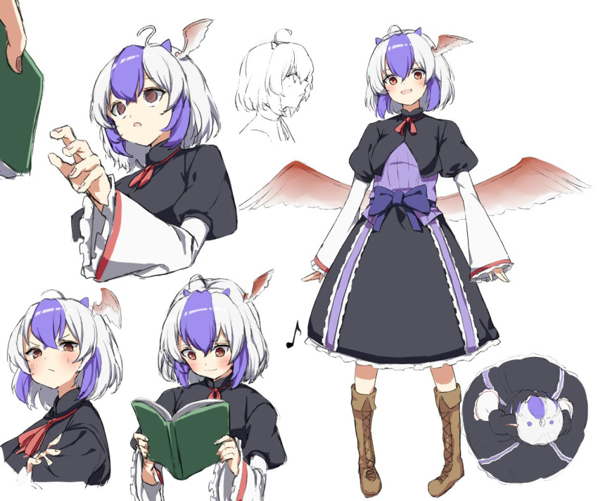1other ahoge bird_wings black_capelet black_skirt book boots brown_eyes brown_footwear brown_nails capelet from_above head_wings holding holding_book horns long_sleeves multiple_views musical_note pocche-ex purple_hair reading red_wings short_hair simple_background single_head_wing skirt solo_focus tokiko_(touhou) touhou white_background white_hair wings