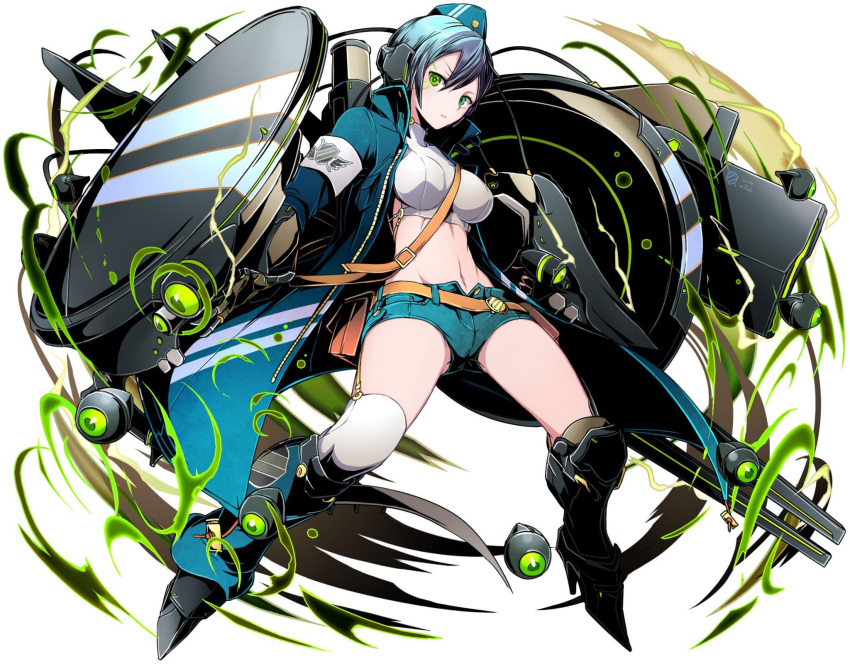 1girl armor armored_boots asymmetrical_legwear black_footwear blue_hair blue_hat blue_shorts boots crop_top divine_gate garter_straps green_eyes hair_between_eyes hat highres knee_boots looking_at_viewer midriff navel short_hair short_shorts shorts simple_background solo stomach thigh-highs ucmm white_background white_legwear