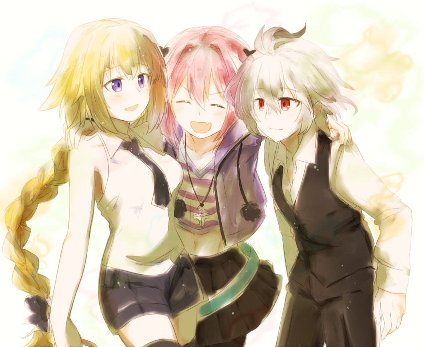 1girl 2boys ahoge bare_shoulders blazer blonde_hair braid breasts closed_eyes collar collarbone fang fate/apocrypha fate/grand_order fate_(series) hair_ribbon jacket kaipen long_hair male_focus midriff multiple_boys open_clothes open_jacket open_mouth pink_hair red_eyes ribbon rider_of_black ruler_(fate/apocrypha) shirt short_hair short_shorts shorts sieg_(fate/apocrypha) single_braid skirt sleeveless sleeveless_shirt smile thigh-highs trap violet_eyes white_hair white_shirt zettai_ryouiki