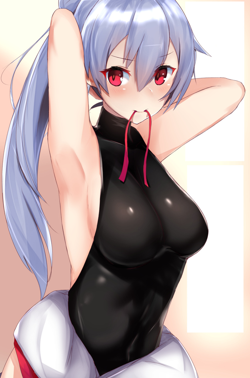 1girl absurdres adjusting_hair armpits arms_up bare_arms blush breasts commentary_request eyebrows_visible_through_hair eyes_visible_through_hair fate/grand_order fate_(series) hair_between_eyes high_ponytail highres large_breasts long_hair looking_at_viewer mouth_hold nanakaku red_eyes ribbon_in_mouth sleeveless solo tomoe_gozen_(fate/grand_order) tying_hair