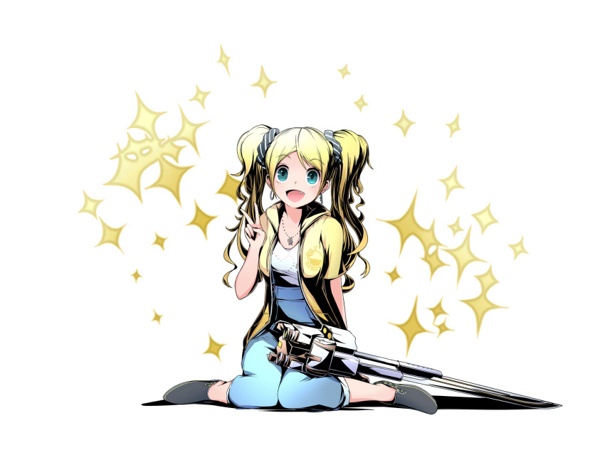 1girl :d blonde_hair blue_eyes blue_pants closed_eyes divine_gate fang hair_between_eyes hair_ornament hair_scrunchie highres jacket jewelry long_hair necklace open_clothes open_jacket open_mouth pants scrunchie shirt simple_background sitting smile solo striped twintails ucmm v very_long_hair white_background white_shirt yellow_jacket