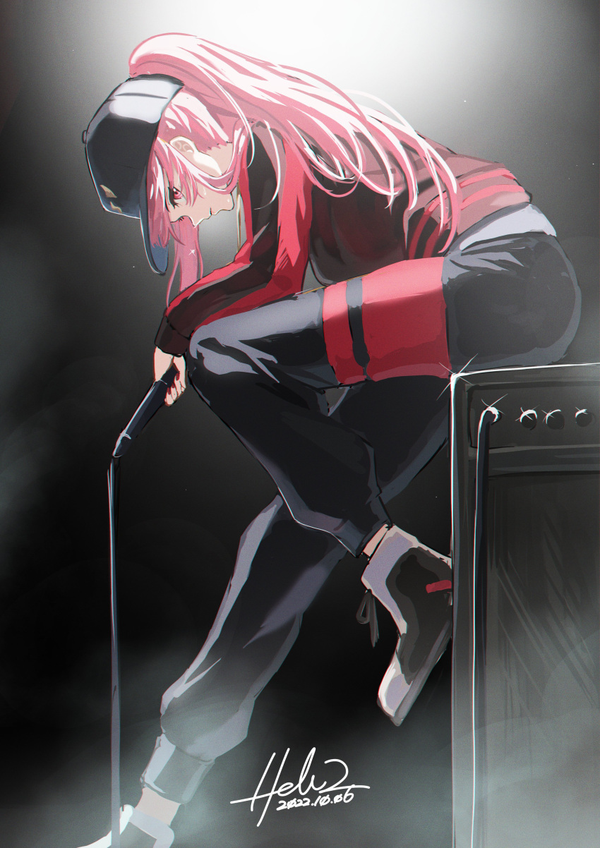 1girl absurdres bangs baseball_cap hat highres hololive hololive_english hz_(helu_2) jacket long_hair looking_at_viewer microphone mori_calliope official_alternate_costume pants pink_hair smile stage track_jacket track_pants track_suit virtual_youtuber