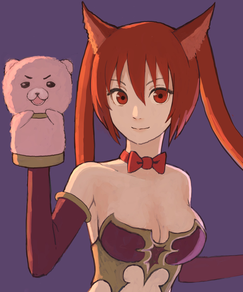 1girl animal_ears bare_shoulders bow bowtie breasts brown_eyes brown_hair cerberus_(shingeki_no_bahamut) cleavage closed_mouth dog_ears elbow_gloves female gloves hair_between_eyes hand_puppet hand_up highres large_breasts long_hair looking_at_viewer matching_hair/eyes neck puppet purple_background red_bow red_bowtie revealing_clothes shingeki_no_bahamut simple_background smile solo strapless tsukebo twintails