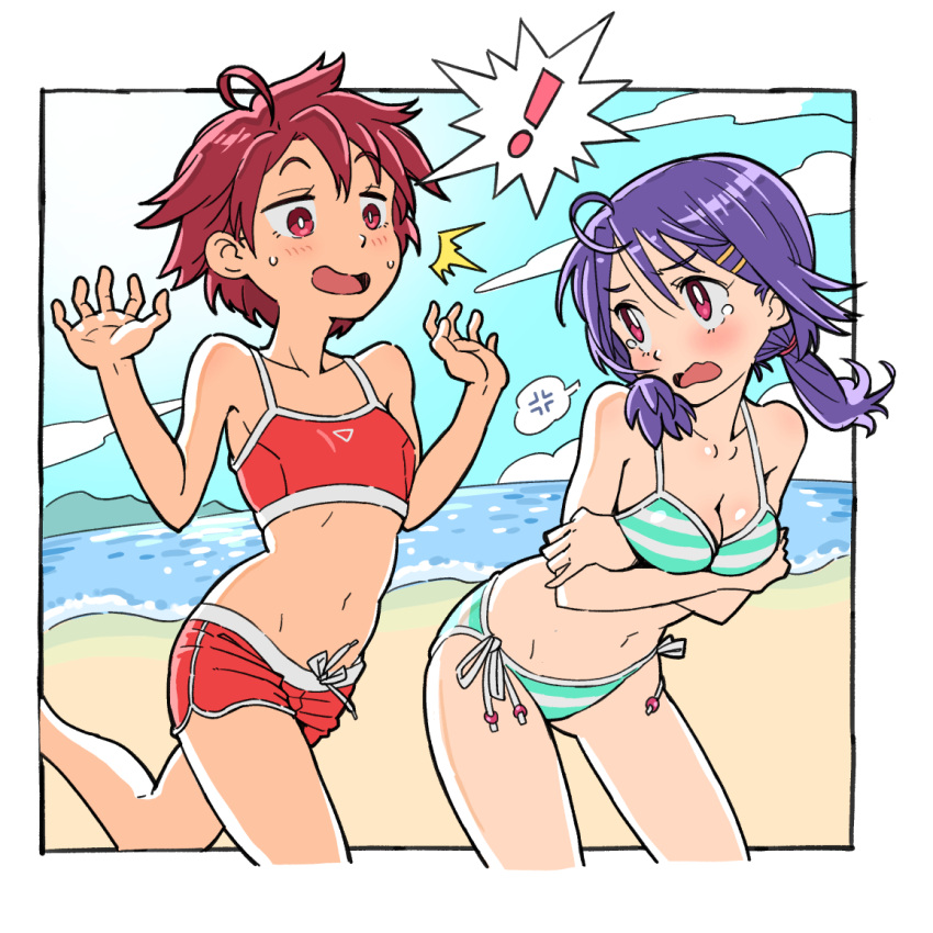 ! 2girls ahoge anger_vein beach bikini blush jitsusan low_twintails multiple_girls ocean original purple_hair redhead short_hair side-tie_bikini spoken_anger_vein spoken_exclamation_mark striped striped_bikini swimsuit twintails