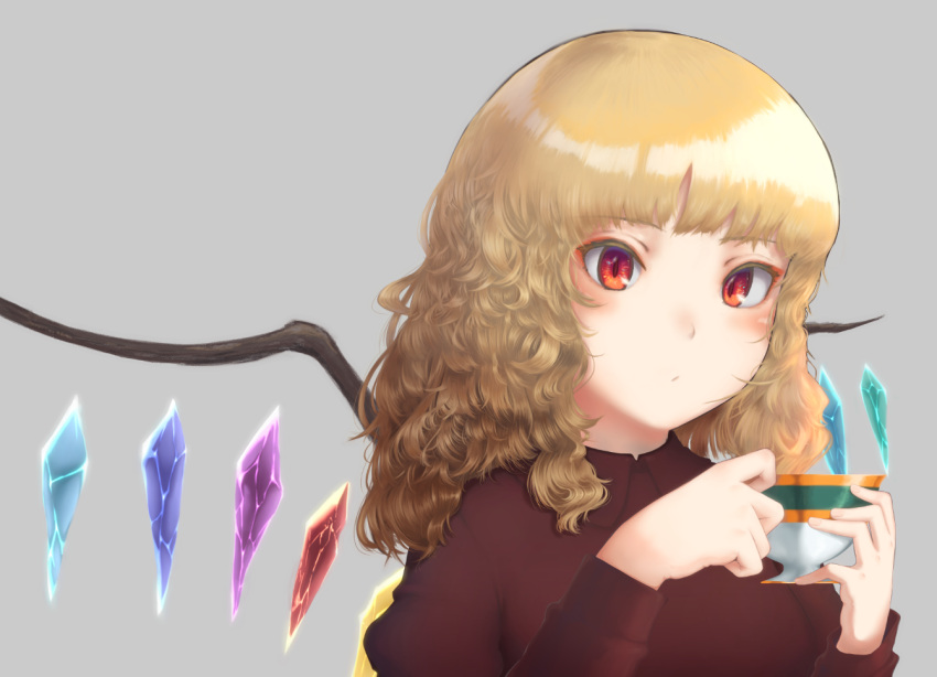 1girl :/ alternate_costume alternate_hairstyle bangs blonde_hair blunt_bangs blush closed_mouth collared_shirt crystal cup flandre_scarlet grey_background hair_down holding holding_cup long_hair long_sleeves looking_at_viewer no_hat no_headwear nuwara_eliya red_eyes red_shirt shiny shiny_hair shirt simple_background solo touhou two-handed upper_body wavy_hair wing_collar wings